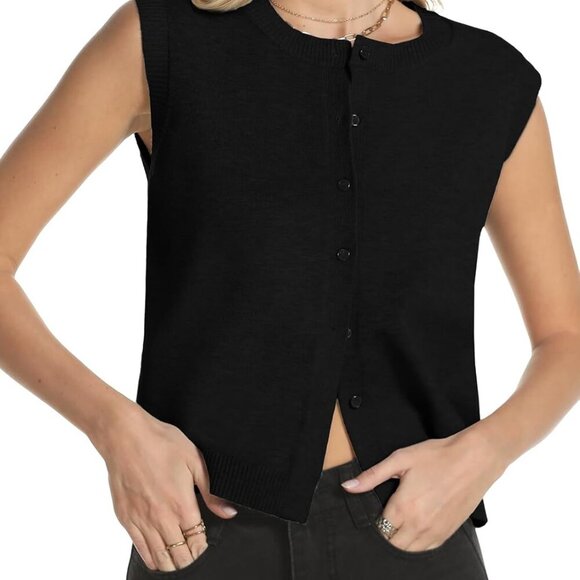 Sweater Vest Women Crewneck Button Down Tank Tops Sleeveless Knit Cardigan Crop - Picture 3 of 5